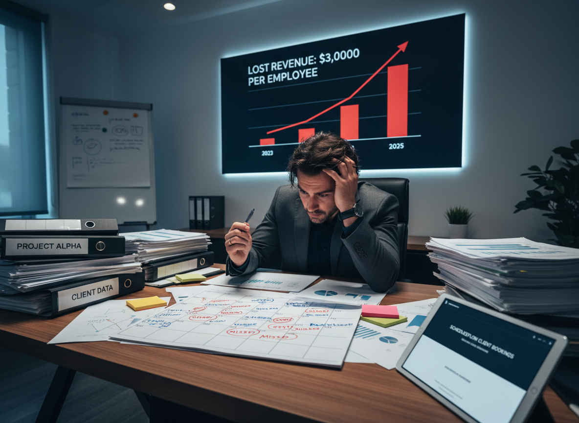 A busy consulting office showing the chaos of manual scheduling, with cluttered calendars and a graph highlighting financial losses.