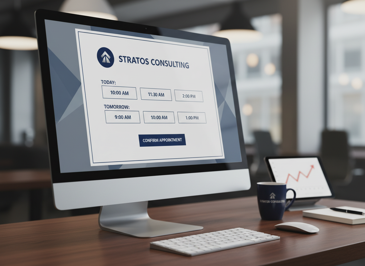 Mockup of a branded self-service booking page with time slots and a 'Confirm Appointment' button for a consulting business.