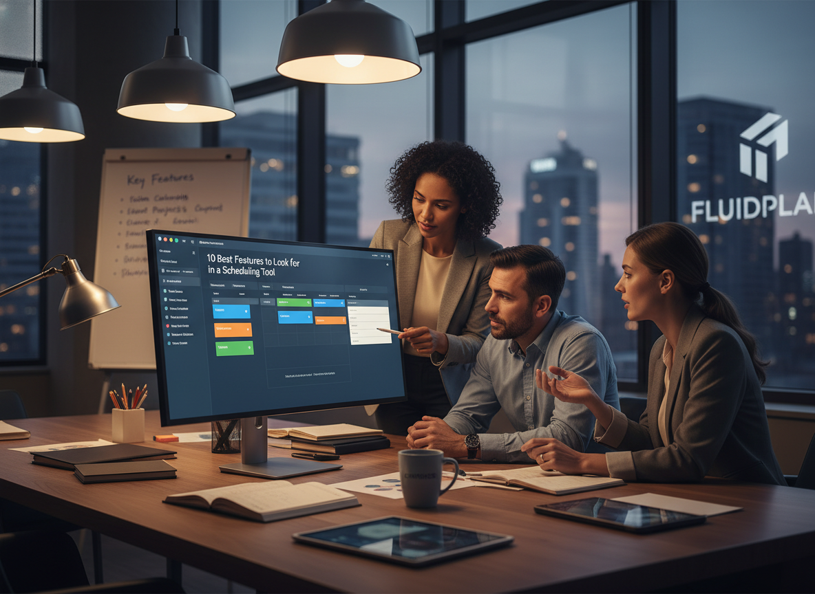 A sleek scheduling dashboard with drag-and-drop functionality, color-coded events, and customizable views in a modern workspace.