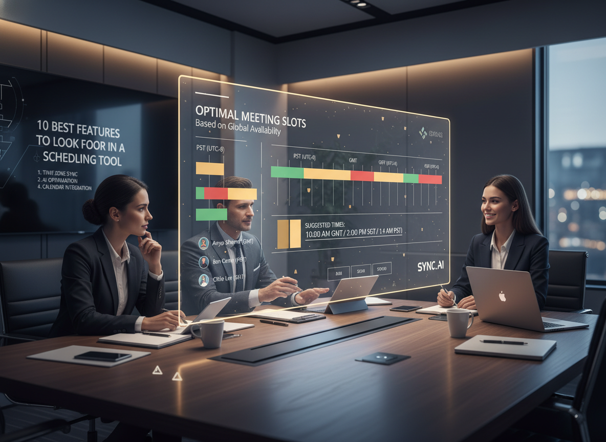 An AI-driven scheduling assistant suggesting optimal meeting times based on participants' time zones in a corporate meeting room.