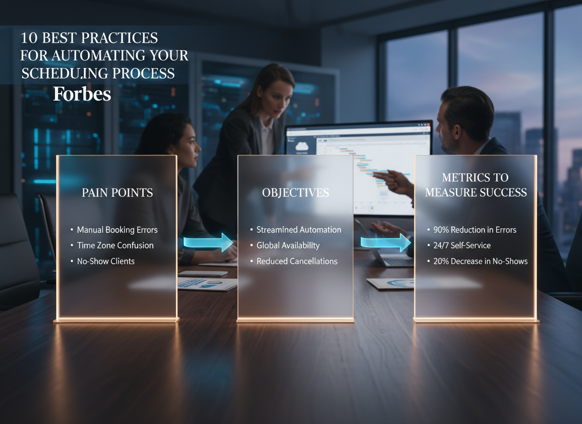 Goal-setting framework visual with three labeled columns: Pain Points, Objectives, and Metrics to Measure Success, connected by arrows to illustrate progression.