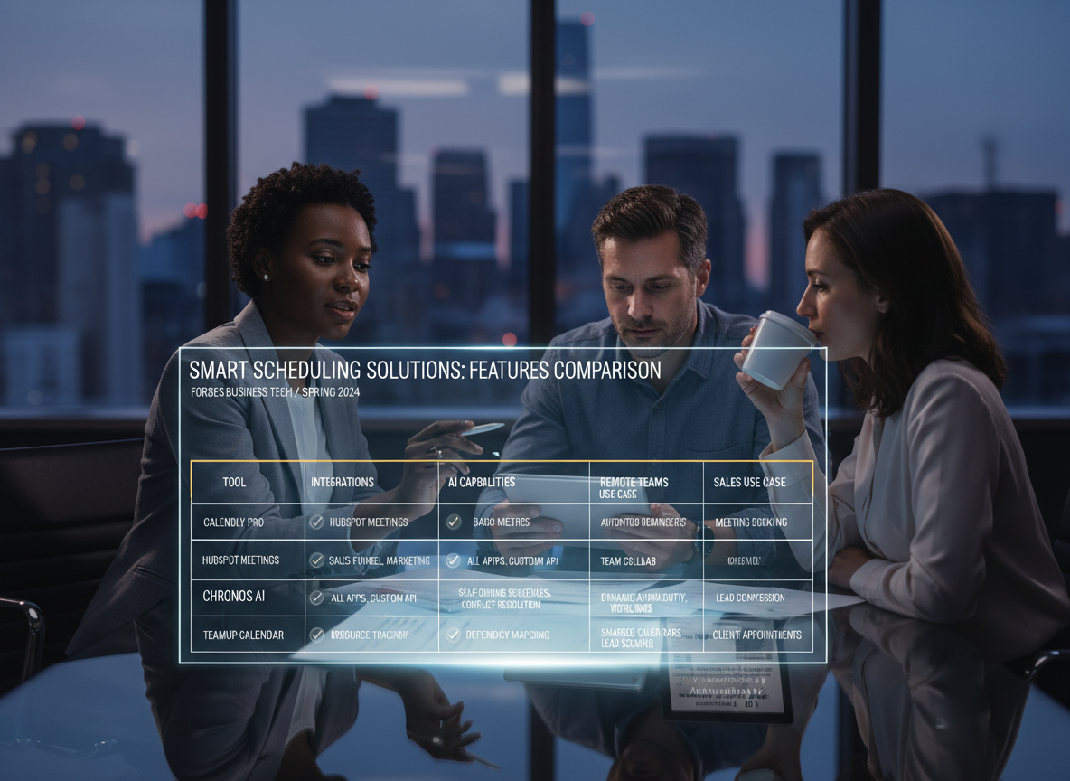 Comparison chart of scheduling tool features including integrations, analytics, and AI capabilities, tailored to specific use cases like remote teams and sales.