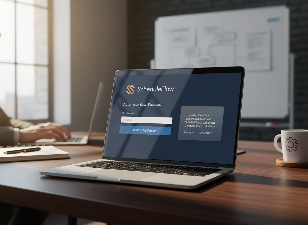 Customized booking page on a laptop screen with branding elements, user name entry, and a personalized confirmation message preview.