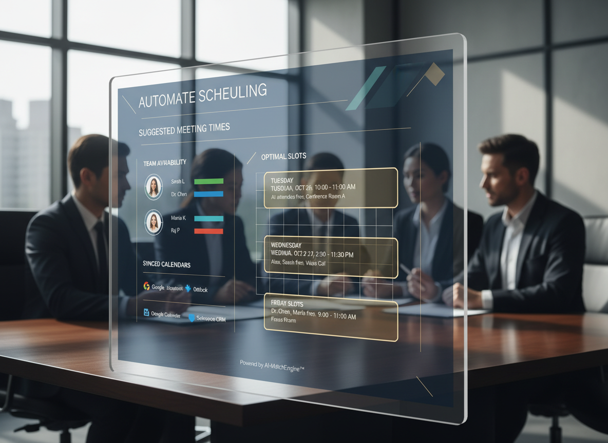 AI-powered scheduling assistant interface displaying suggested meeting times based on team availability and synced external calendars.