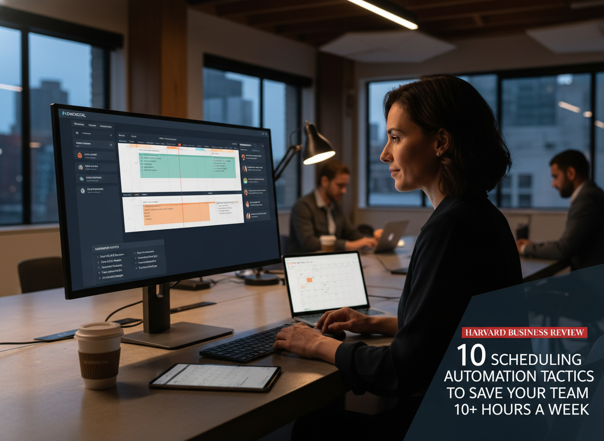 A project manager using a centralized scheduling platform in a modern co-working space, showcasing streamlined calendar and communication tool integration.