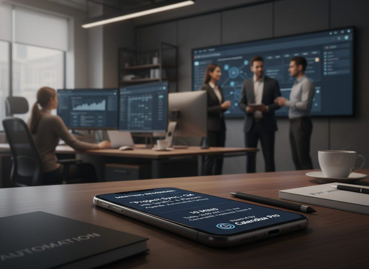 A smartphone displaying a meeting reminder notification, with a professional office environment in the background.