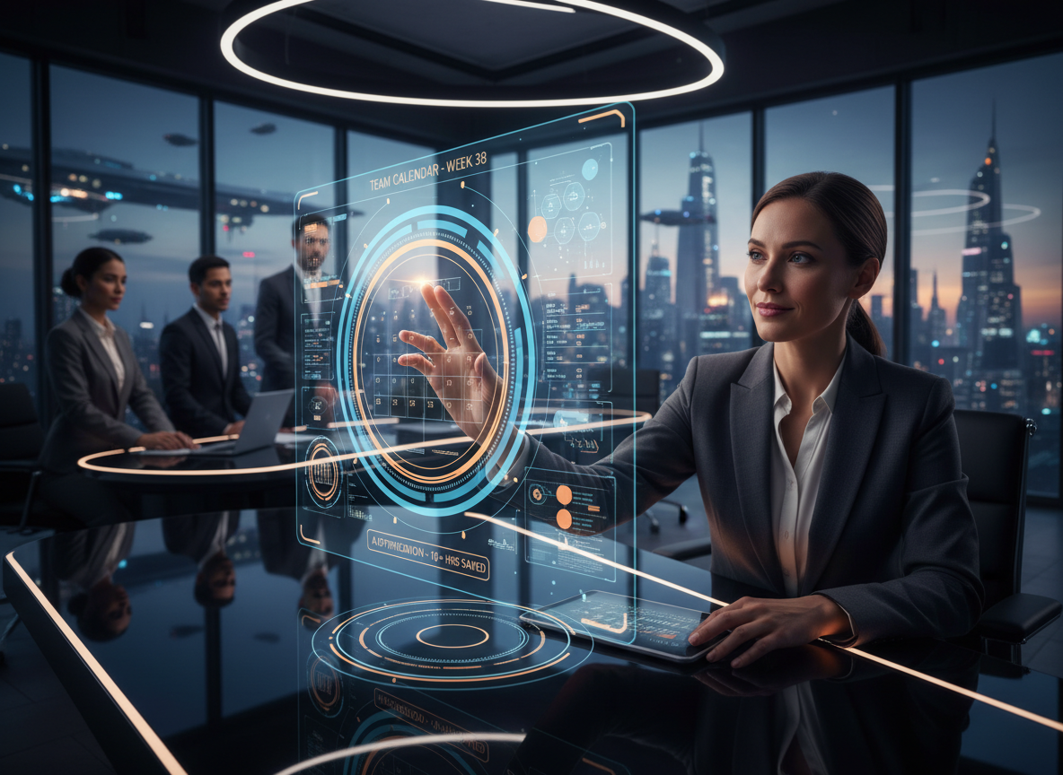An executive interacting with a holographic AI-powered scheduling assistant in a futuristic office, showcasing advanced scheduling automation.