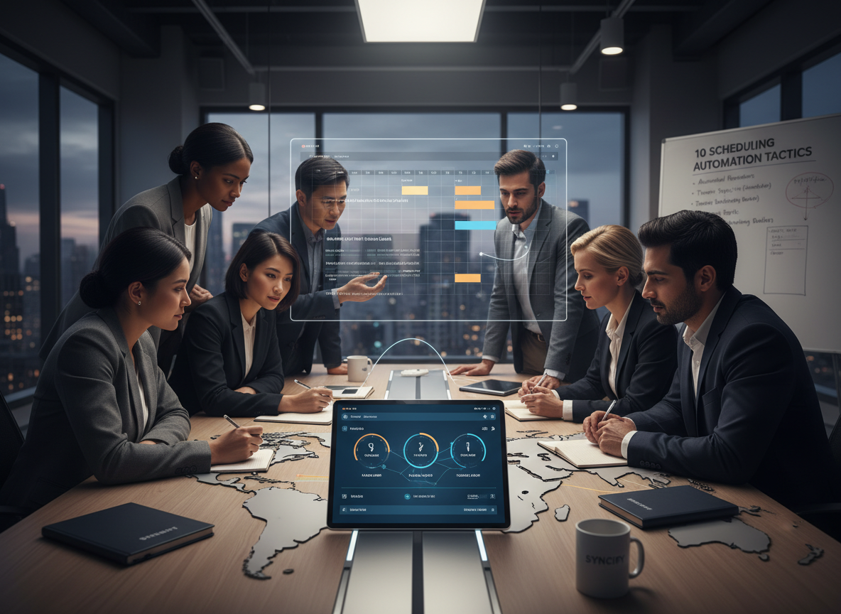A tablet displaying a time zone conversion tool on a world map desk, surrounded by a diverse global team collaborating.