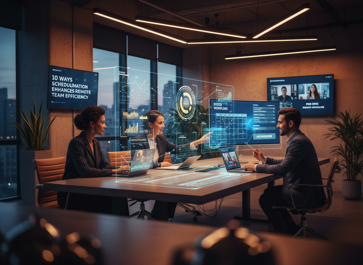 A modern co-working space with professionals using scheduling automation tools, symbolized by holographic data and synchronized digital calendars.