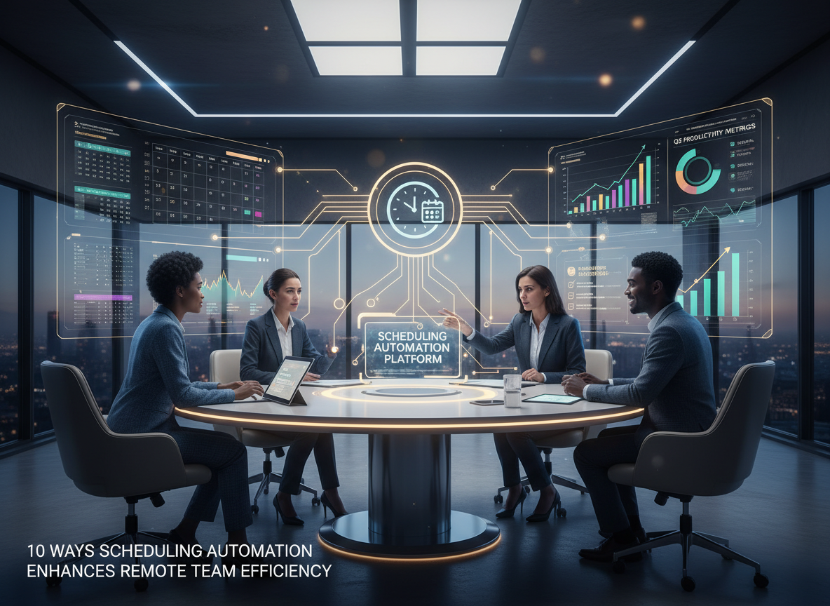Virtual meeting room with holographic figures representing remote team members, connected by digital communication platforms.