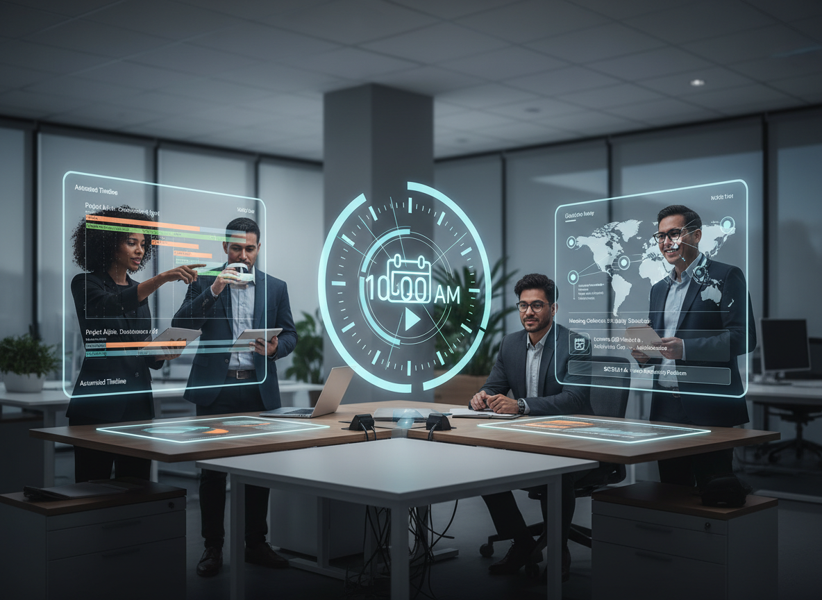 Office setting with a central clock symbolizing time management, surrounded by productive team members and digital task displays.