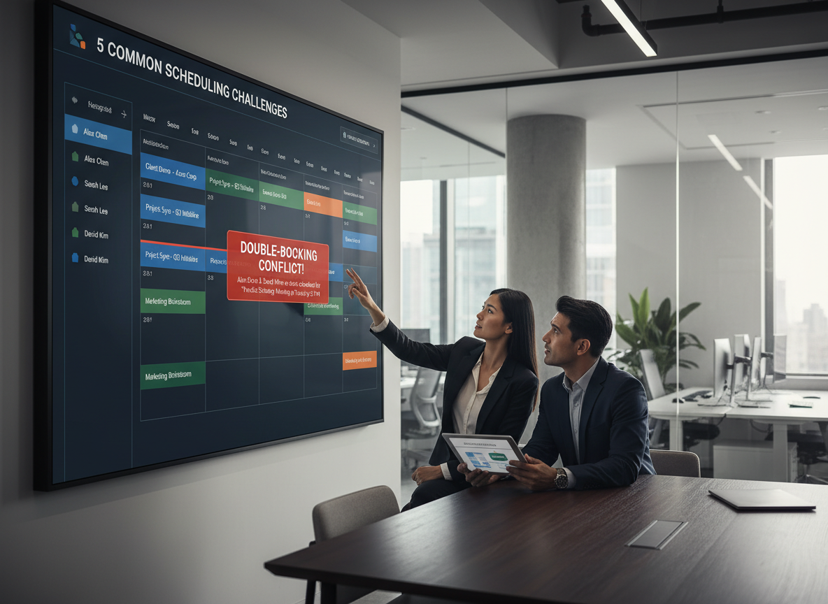 Shared calendar interface showing color-coded schedules and a warning for a double-booking conflict, visualized in a modern office setting.