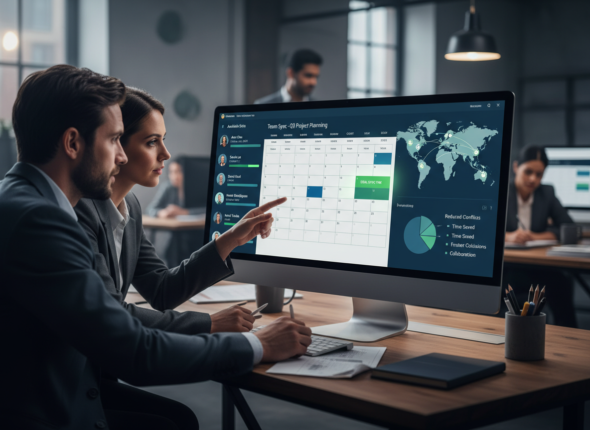 Time zone-aware scheduling tool interface showing available meeting slots for team members across multiple cities, displayed alongside a global map.