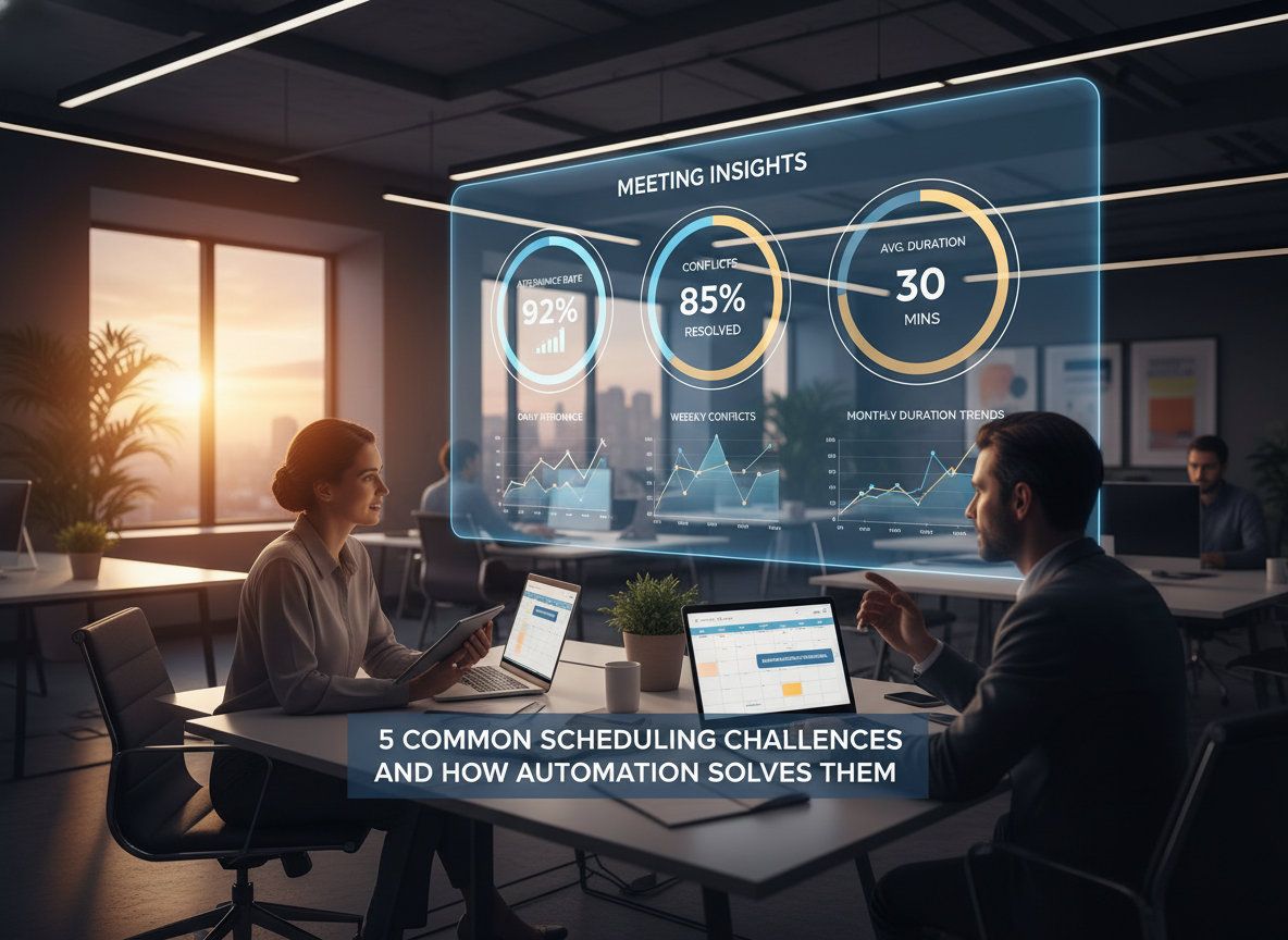 Analytics dashboard showing meeting data, including attendance rates, resolved conflicts, and average meeting duration, in a collaborative workspace.
