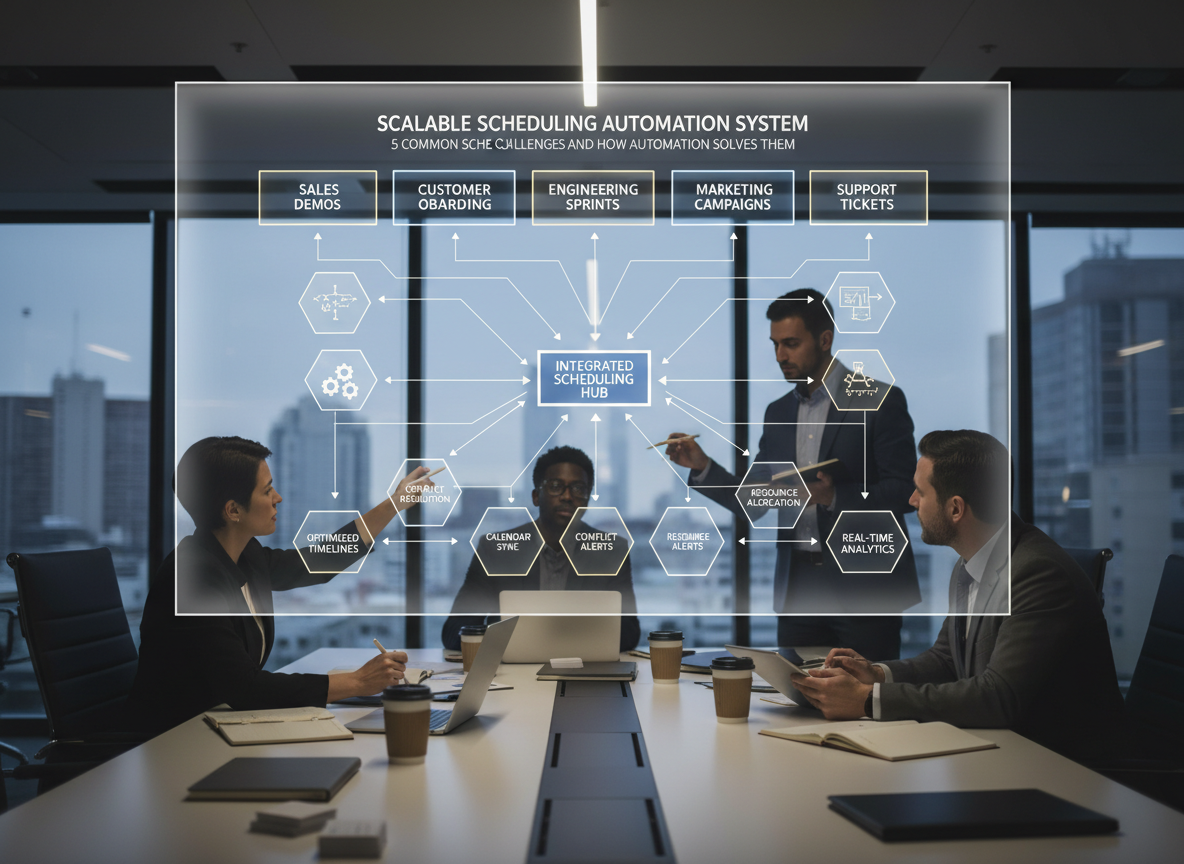Flowchart illustrating a scalable scheduling automation system integrating multiple departments and workflows, displayed in a collaborative meeting setting.