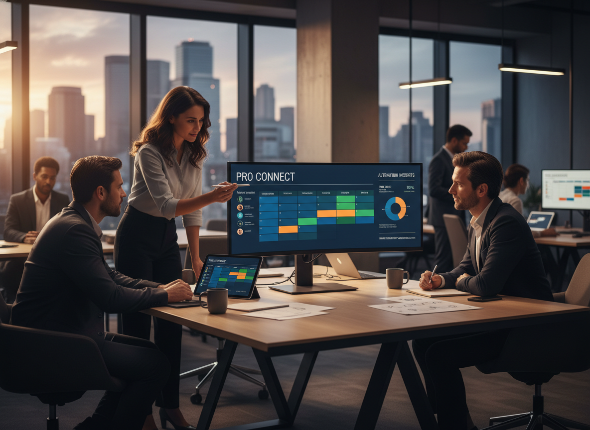 A modern office with a shared scheduling platform displayed on a monitor and tablet, symbolizing centralized team scheduling and automation.