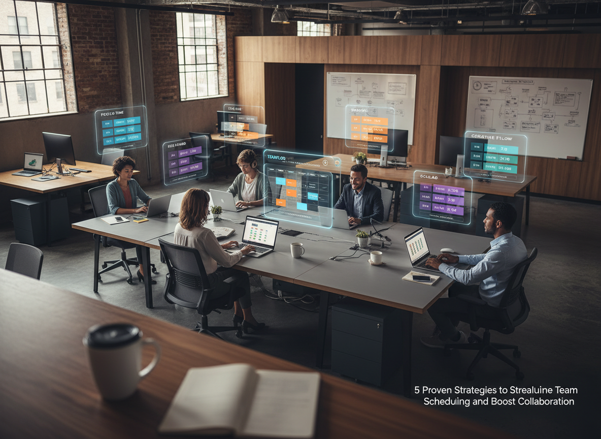 A co-working space showing team members working flexibly on different schedules, with glowing calendar icons illustrating personalized time blocks.
