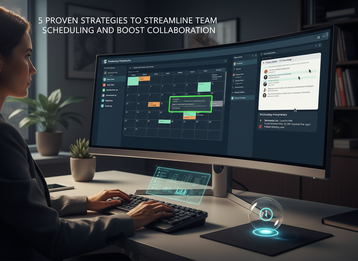 A virtual meeting screen with collaborative editing and transparent communication tools like Slack, emphasizing scheduling transparency.