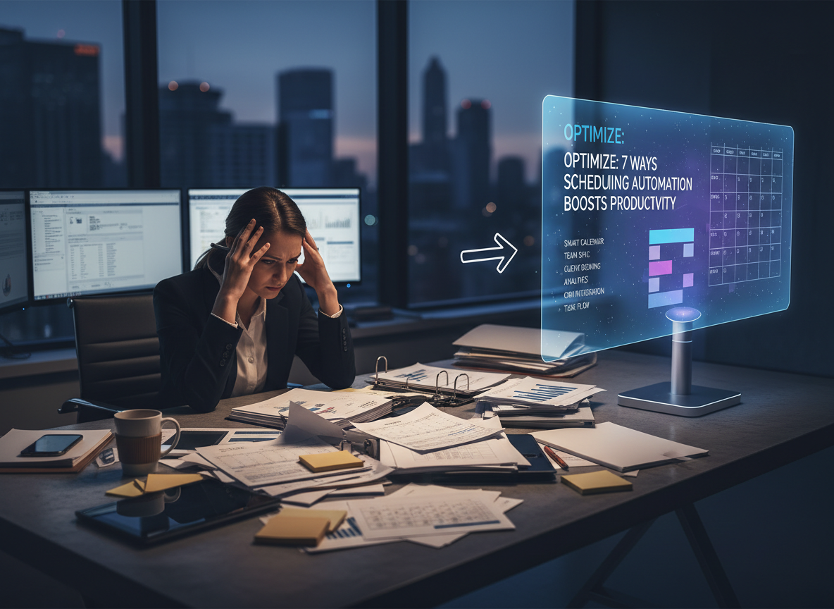 An office manager overwhelmed with manual scheduling while a holographic scheduling tool simplifies the process in the background.