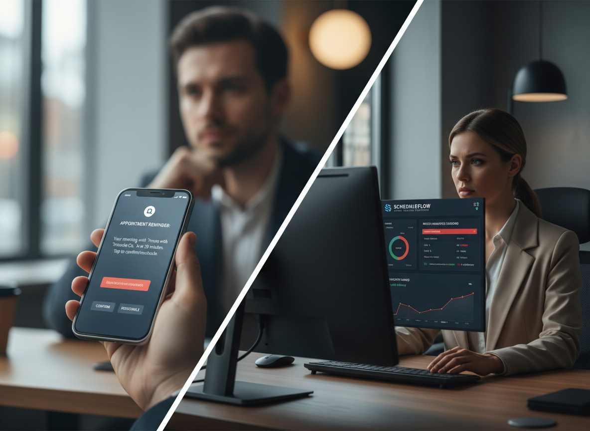 A customer receiving an automated appointment reminder on their phone while a receptionist reviews a no-show dashboard.