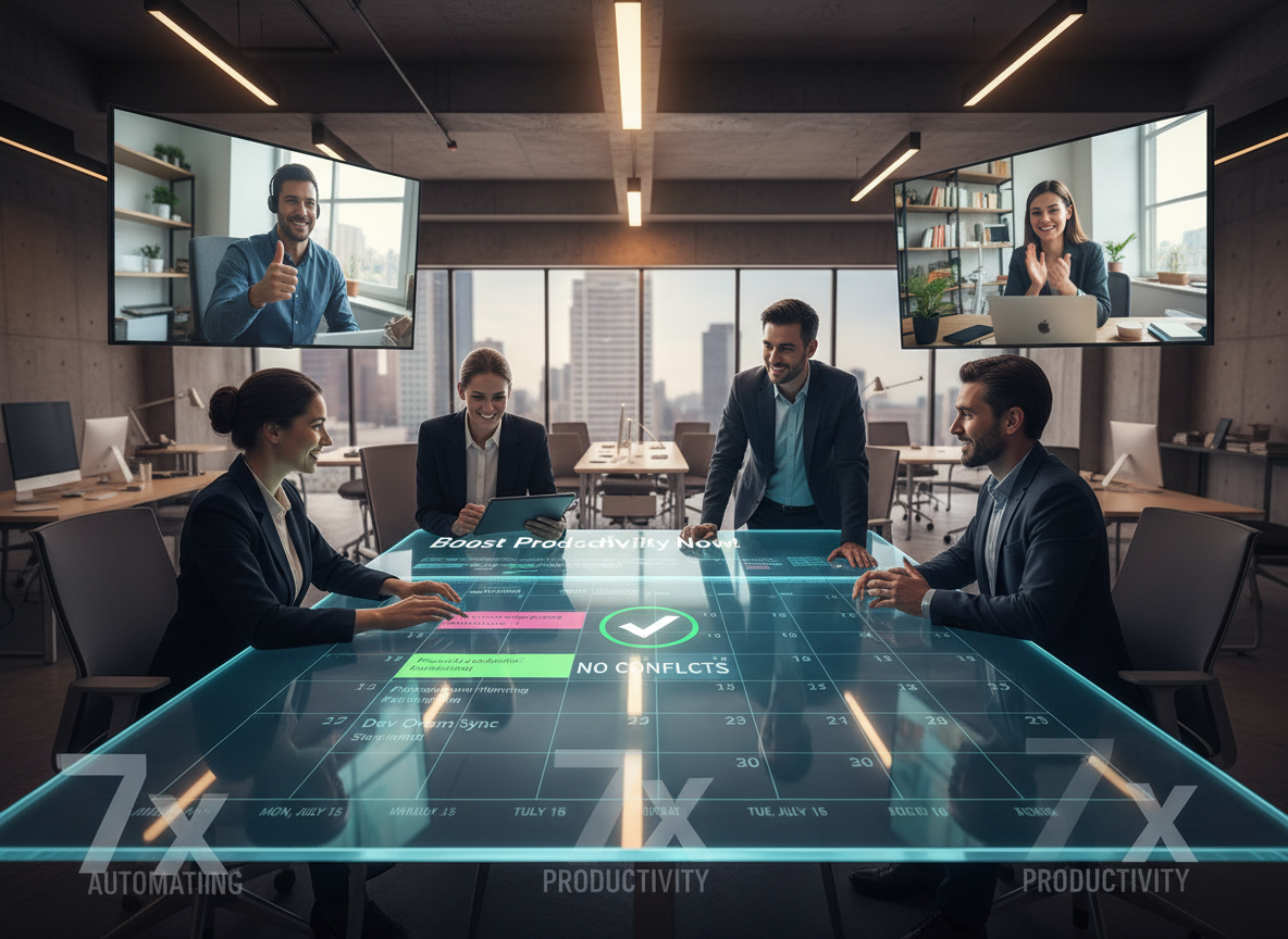 Hybrid team collaborating with a shared calendar on a screen, eliminating scheduling conflicts and boosting productivity.