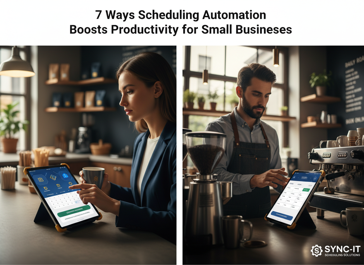 A customer booking an appointment online with instant confirmation while a barista manages reservations seamlessly on their tablet.