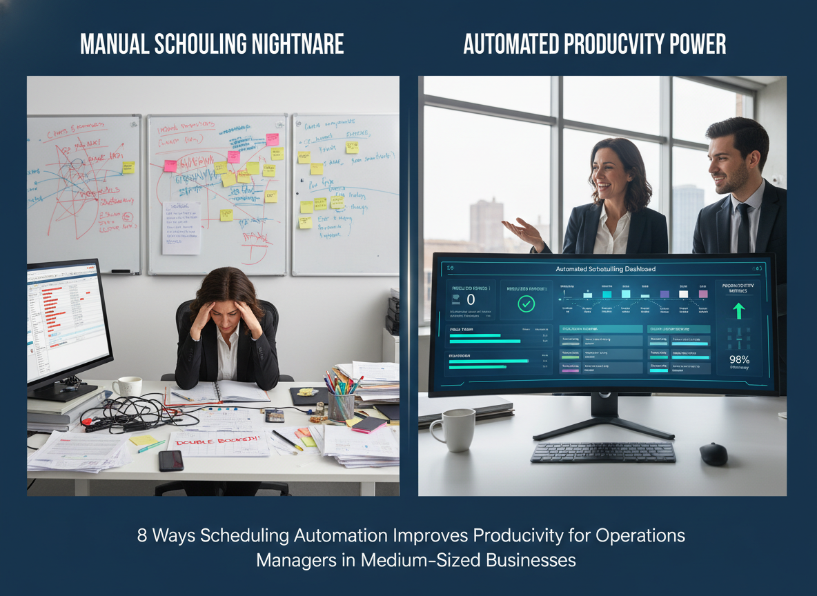 Split-screen comparison of cluttered manual scheduling vs. clean automated scheduling dashboard with resolved errors.