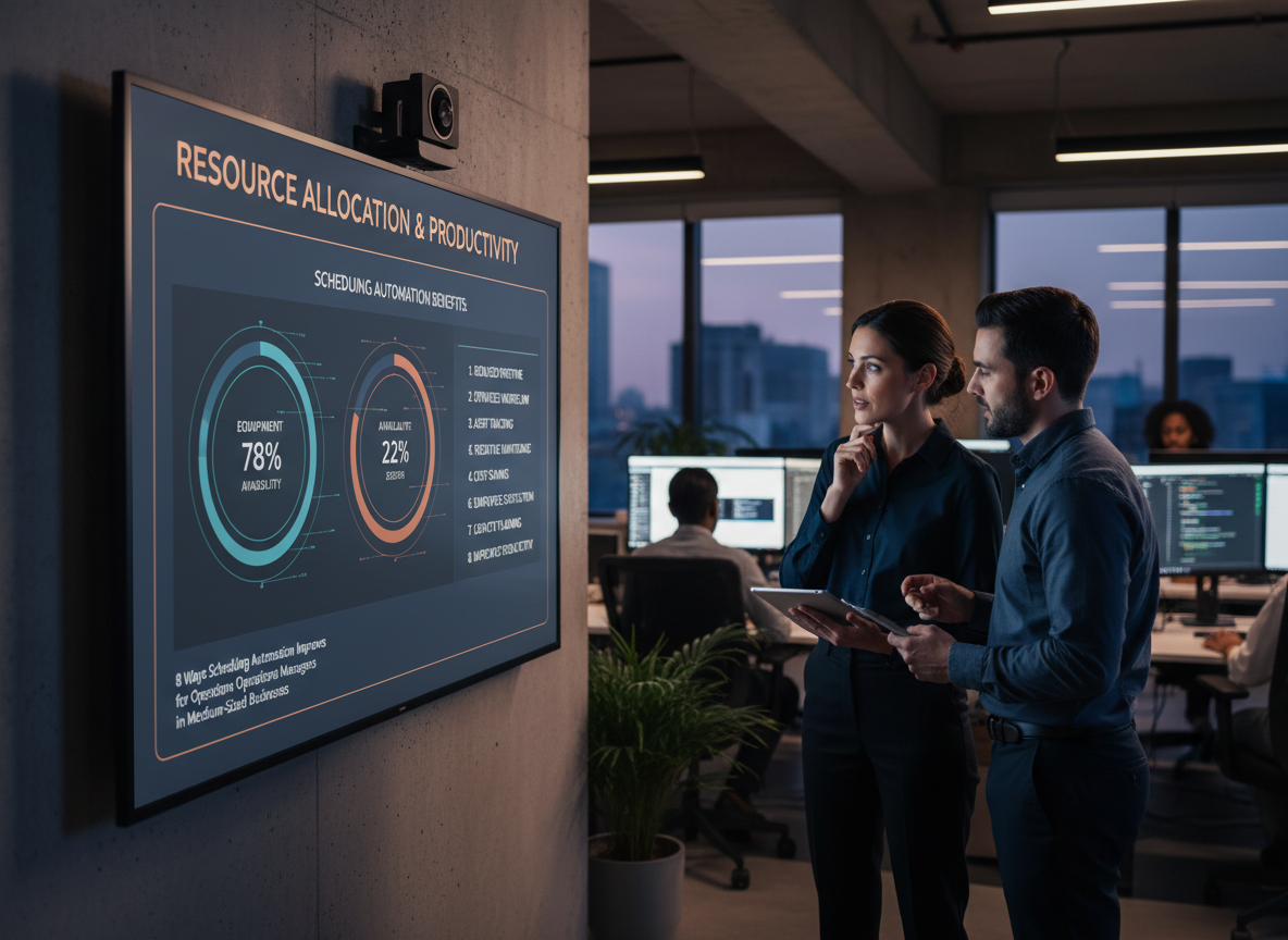 Resource allocation dashboard showing real-time equipment utilization rates and availability in a tech workspace.