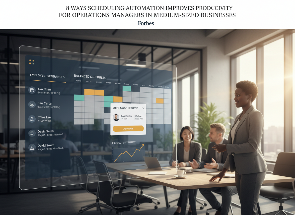 Scheduling tool interface showing employee preferences, shift swaps, and balanced schedules in a lively office setting.