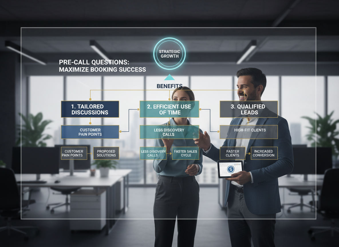 A digital flowchart showing benefits of pre-call questions in a collaborative office setting.