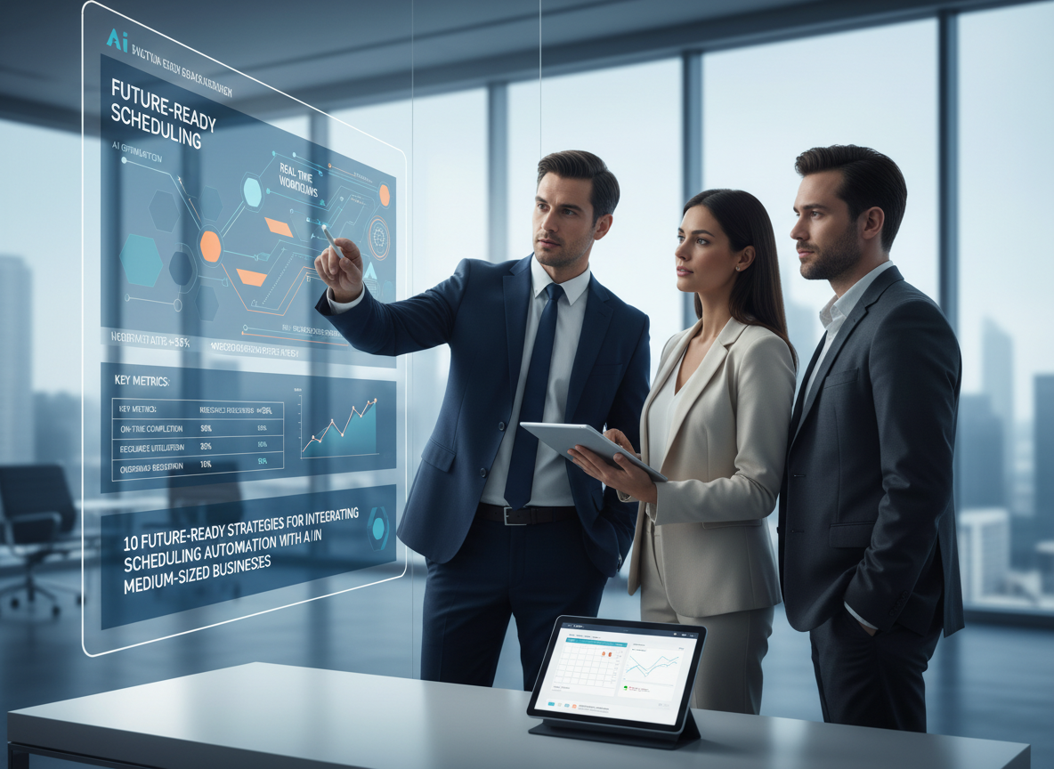 Executives viewing an AI-driven scheduling dashboard with key metrics and insights in a bright, modern office.