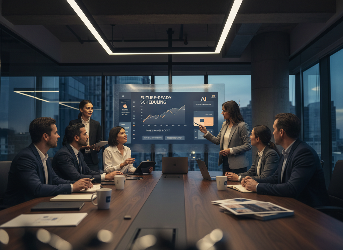 Diverse employees in a training session learning AI scheduling tools with a trainer demonstrating on a large screen.