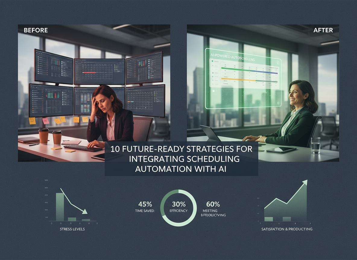 Split-screen showing employee stress before and satisfaction after AI scheduling, with survey results highlighting improvements.