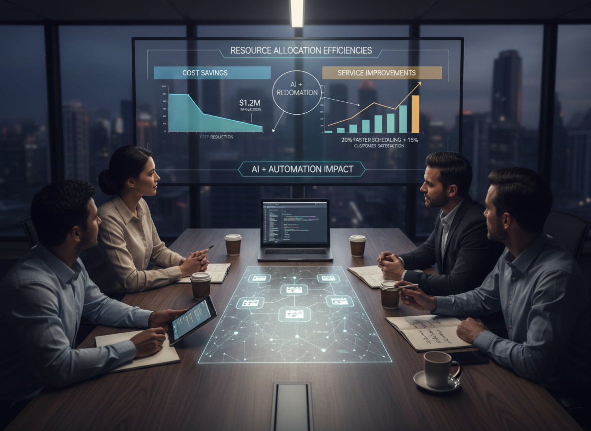 Conference table view with a screen showing resource allocation efficiencies chart, highlighting cost savings and service improvements.
