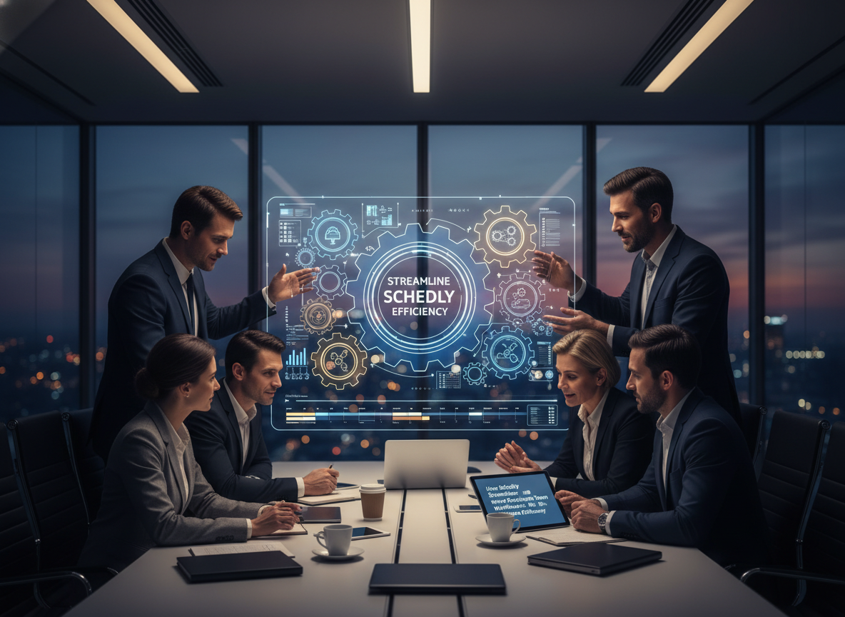 Cross-functional team collaborating around a digital scheduling board with holographic gears symbolizing workflow automation and efficiency.