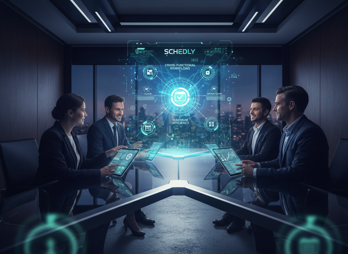 Department representatives in a high-tech conference room using tablets with a central holographic display illustrating seamless data integration.