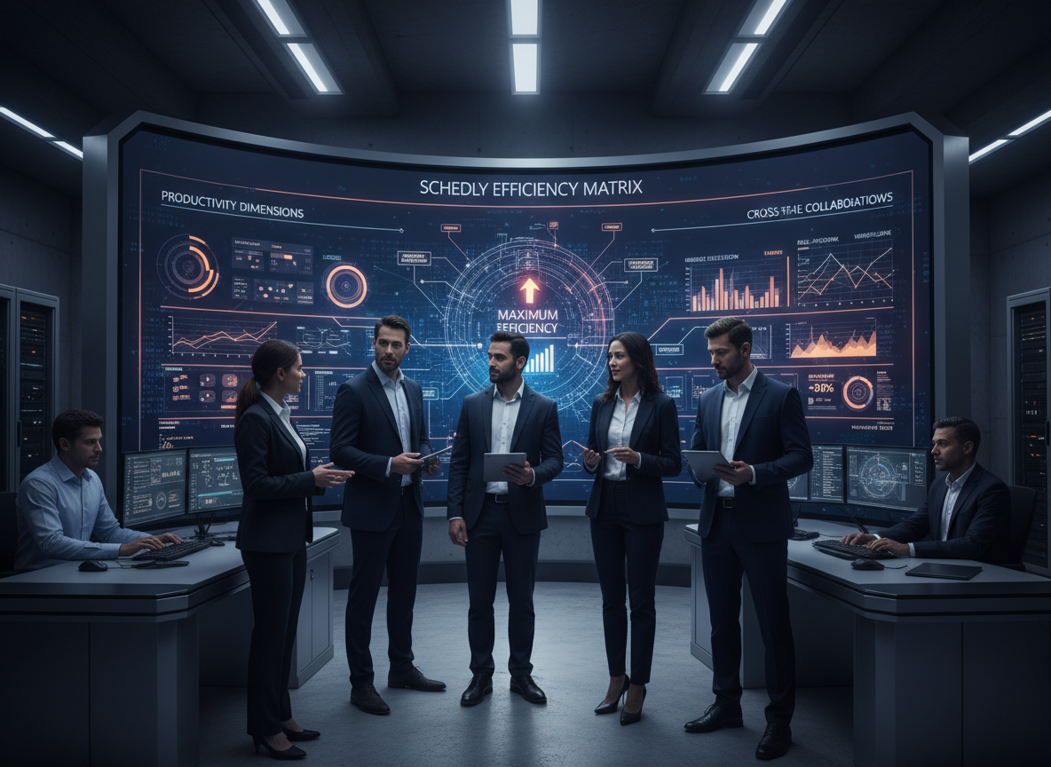 Team leaders in a control room analyzing the Schedly Efficiency Matrix on a digital wall, focusing on productivity dimensions.