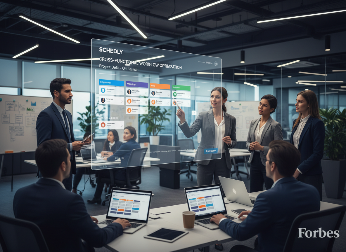 A busy office with a central figure using Schedly on a digital board to organize tasks, transforming chaos into streamlined workflow.