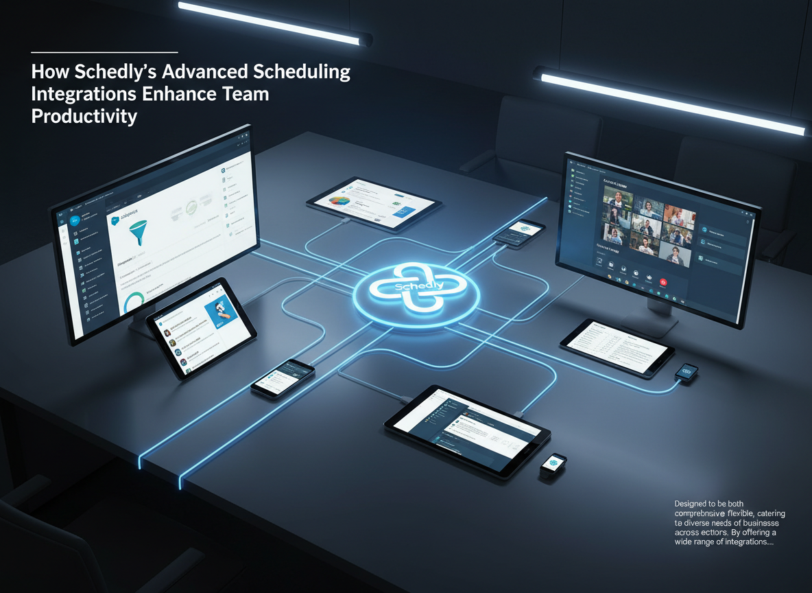 Overhead view of digital workspace with interconnected screens showing Salesforce, Slack, and Teams