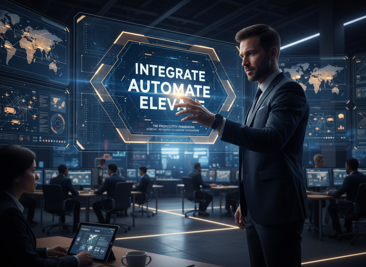 Logistics center with manager pointing at screen displaying Integrate, Automate, Elevate framework