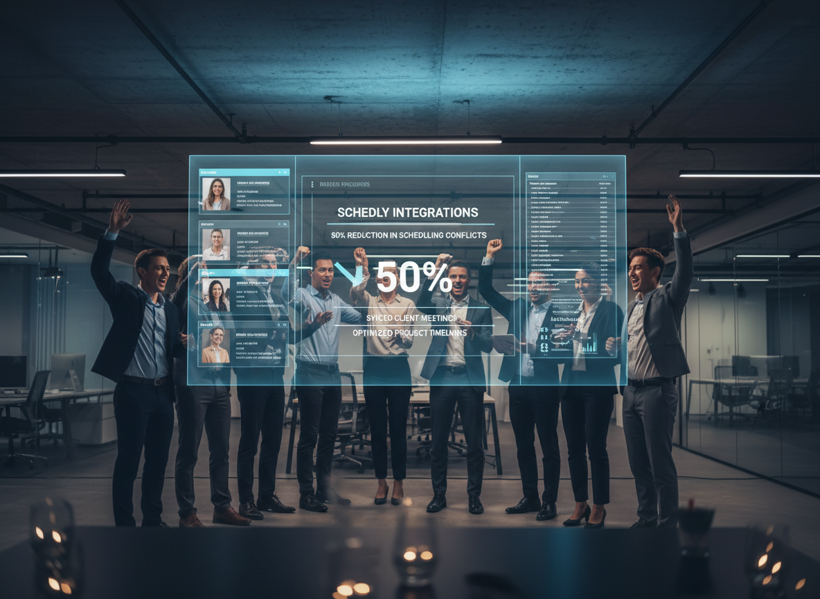Tech startup office celebrating around digital board showing 50% reduction in conflicts