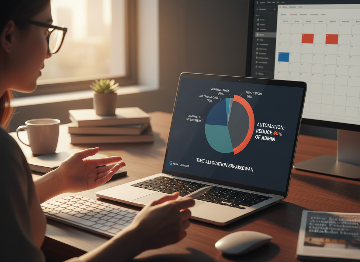 A pie chart on a freelancer's laptop screen breaking down time allocation with automation highlighted as a solution for reducing admin tasks.