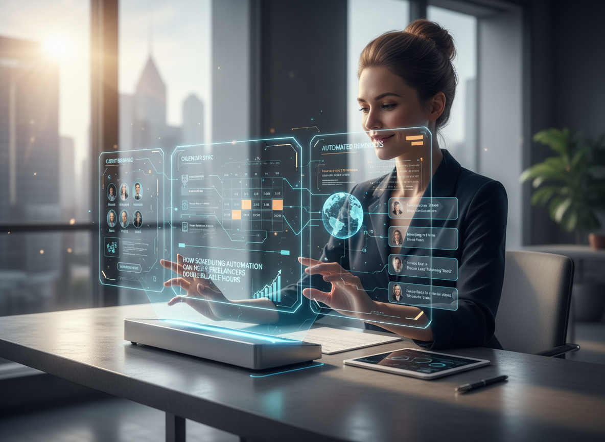 A holographic workflow showing client booking, calendar syncing, and automated reminders in a futuristic workspace.