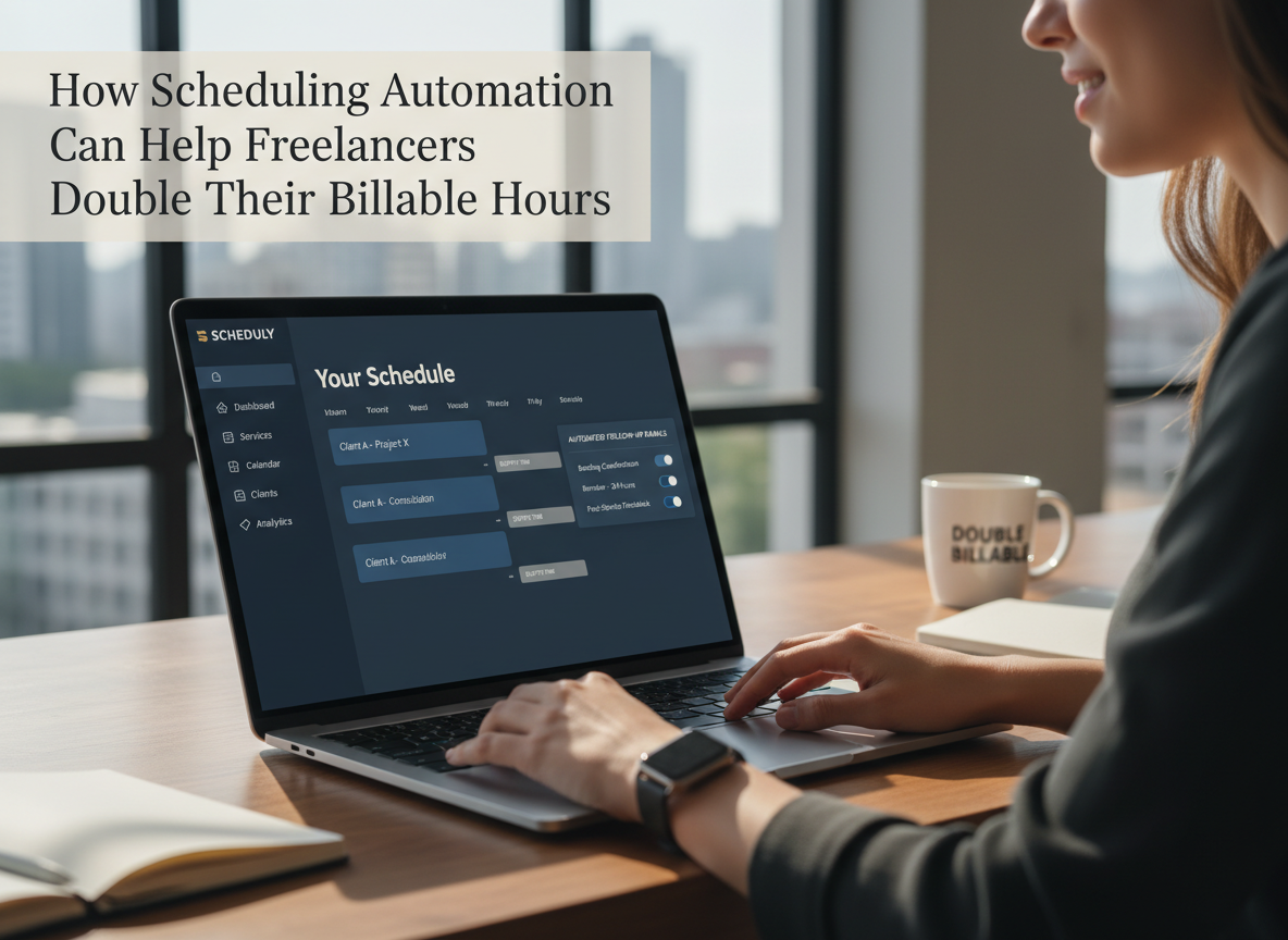 A freelancer's booking page on a laptop screen, showcasing features like buffer times, confirmed bookings, and automated follow-up emails.