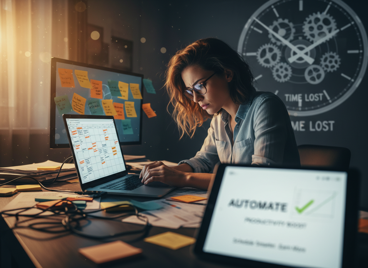 A stressed freelancer in a cluttered home office, surrounded by sticky notes and a laptop while a clock in the background symbolizes wasted time from manual scheduling.