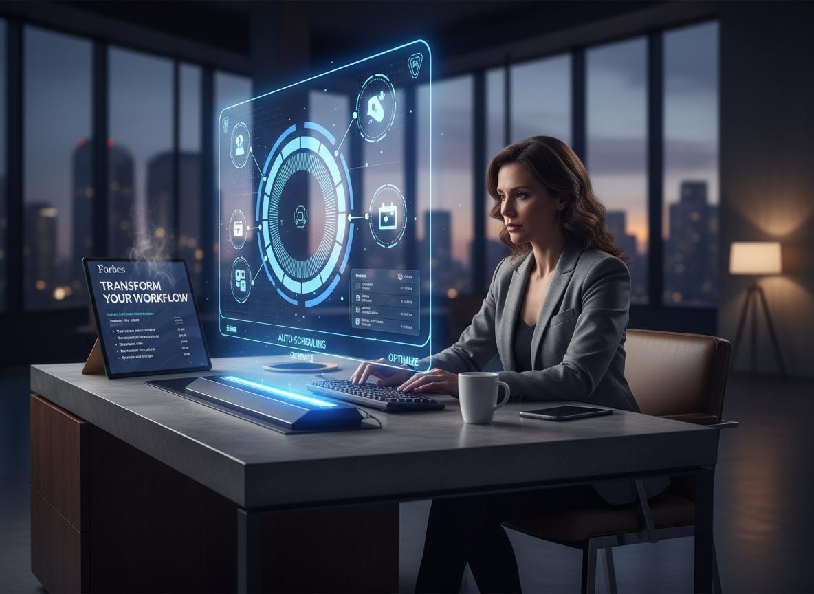 A productive freelancer at a clean, tech-savvy desk with holographic tools integrating scheduling and apps, symbolizing automation boosting productivity.