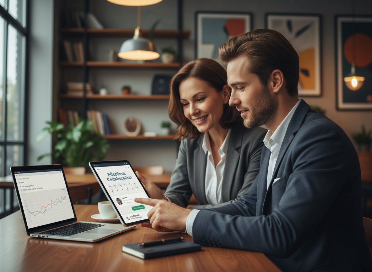 A freelancer showing a professional booking page on a tablet to a satisfied client in a warm café, symbolizing improved client retention through automation.