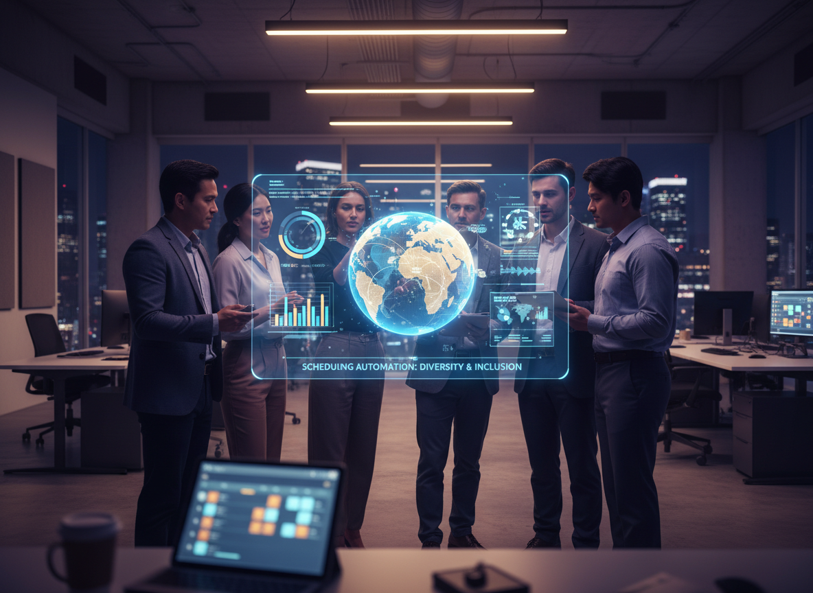 Diverse team collaborating around a digital board with holographic globe overlay, symbolizing global diversity and success.