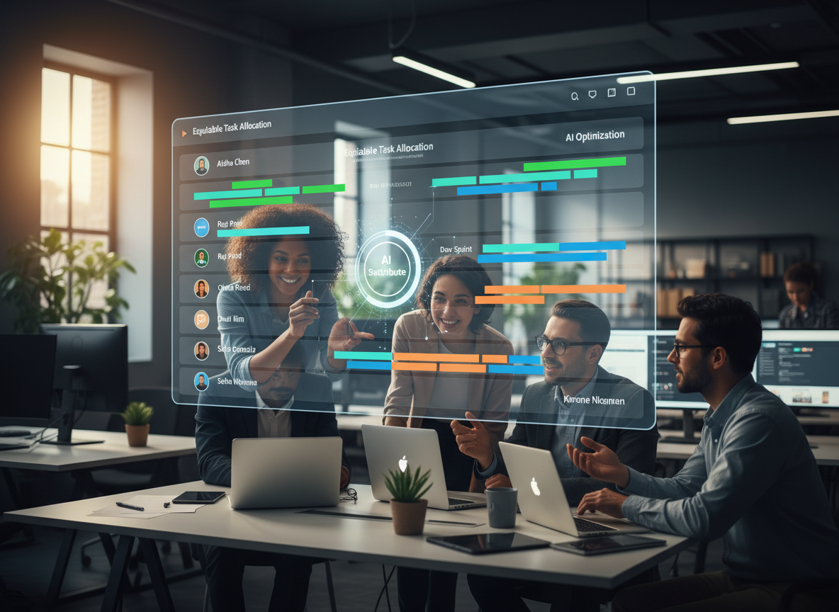AI-driven scheduling interface in a tech workspace, showing equitable task distribution to diverse team.