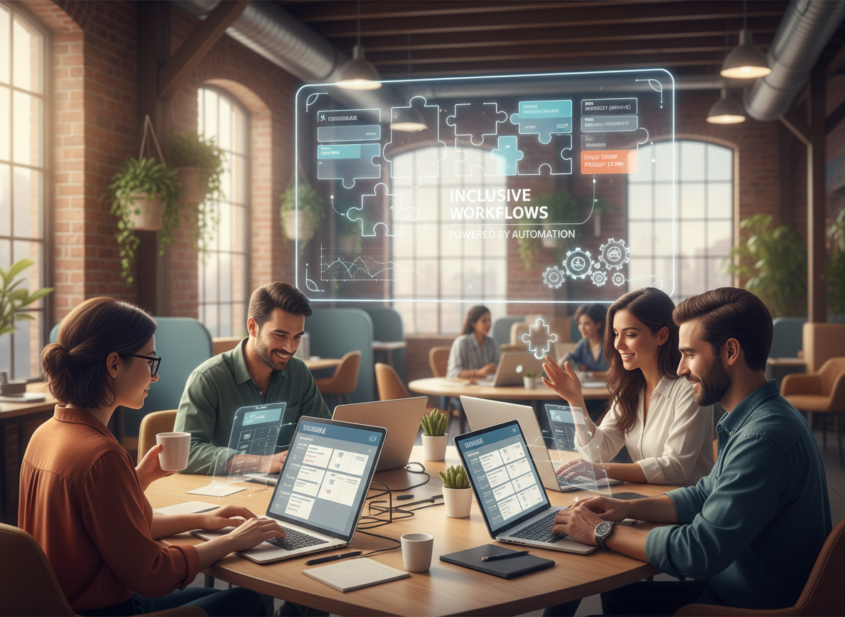 Flexible co-working space with adaptive schedules on tablets, symbolizing inclusivity and personalization.